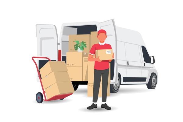 delivery-man-with-a-box-and-white-van-car-illustration-in-flat-style-free-vector